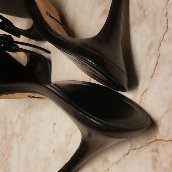 Gucci black canvas monogram open toe with bow mules high heel stiletto size 8.5 - Picture 6 of 9